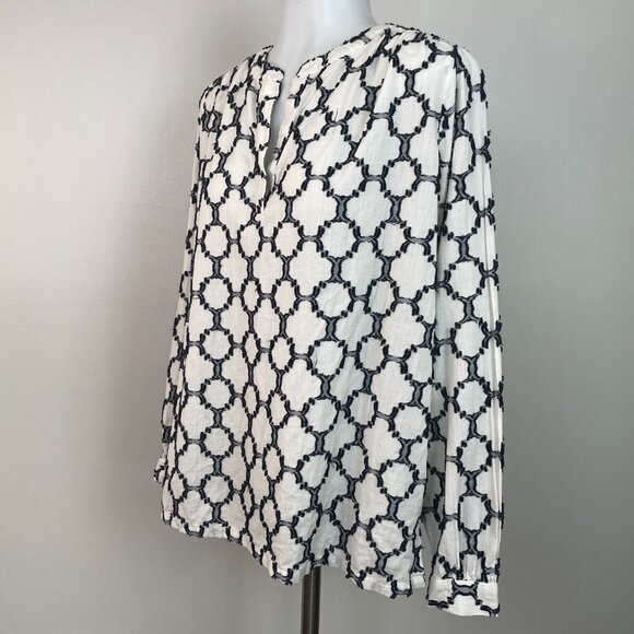 LOFT Top XS Ivory Navy Blue Textured Lightweight Cotton Popover Blouse Women's - Picture 4 of 13